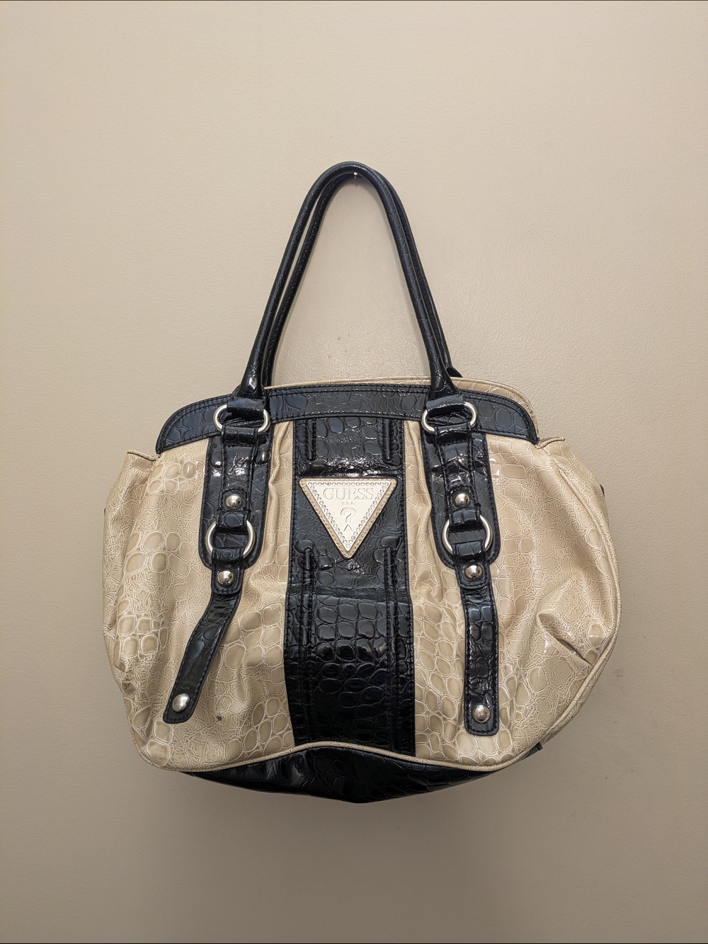 Y2K Vintage Guess Cream and Black Satchel Handbag